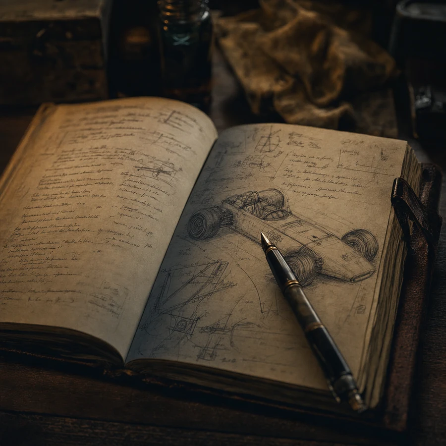 A leather notebook open to handwritten notes and a rough car sketch.